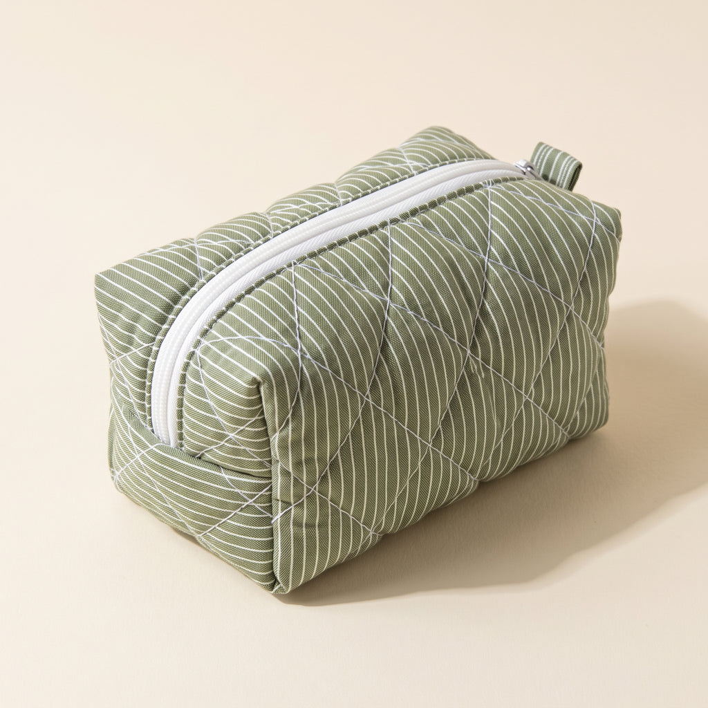 The Essential — Matcha Latte quilted pouch, sage green with white pinstripes